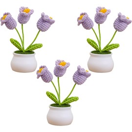 FZBNSRKO 3 Pcs Mini Crochet Sunflower Potted Plant,Hand-Knitted Flower,Crochet Tulip Flower/Bell Orchids Flower/Sunflower Flower for Home Office Table Decoration(Purple Orchids Flower)