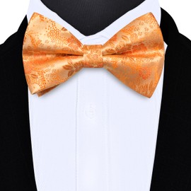GUSLESON Orange Bow Tie and Pocket Square Set for Men Red Floral Pre-Tied Bowties Cufflinks for Wedding (0493-14)