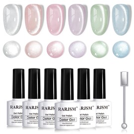 RARJSM Sparkle Diamond Cat Eye Gel Nail Polish Set 6 Colors Nude Pink Milky Jelly Purple Green Blue Silver Glitter Cateye Gel Polish with Magnet Stick UV LED Curing Requires Soak Off Home Salon Diy
