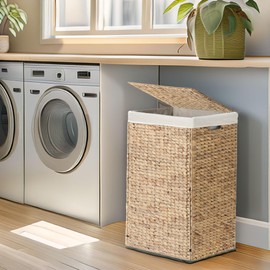 Dwellica Nivora Water Hyacinth Laundry Hamper Brown 15 x 11.8 x 24 Inches - 58 Liters/15 Gallons with Removable Liner - Woven Organizer for Dirty Clothes, Bedroom Laundry, or Bathroom Towel Storage