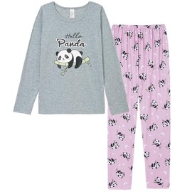 YIJIU Long Sleeve Pajamas Set Soft Cute Panda Print Pullover Pjs Lounge Sets Winter Sleepwear,Gray,L