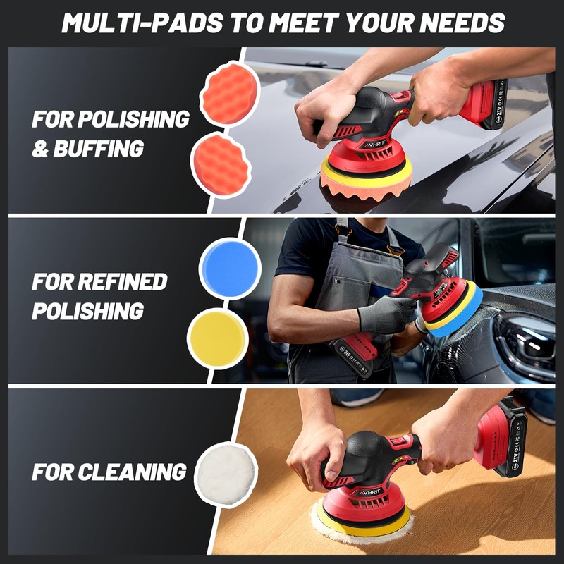 Avhrit Cordless Car Buffer Polisher kit w/ 2x2000mAh 21V Batteries,