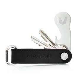 Key Organiser - Key Case Made of Real Leather, Stainless Steel with Key Finding Service, Shopping Trolley Remover, Bottle Opener, Profile Depth Gauge - Jet Black Line