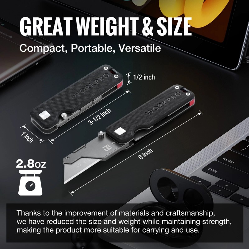 WORKPRO Premium Titanium Utility Knife, CNC Unibody Black/Gray w/10 Extra