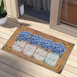 Today I Choose Joy Hydrangea Blue Flowers Colorful Door Mats Inside Outside Entry Coconut Coir Dries Quickly with Heavy Duty Backing Stain Resistant Retirement Gifts 18x30Inch