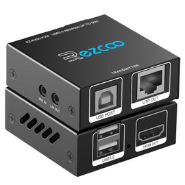 KVM Extender USB HDMI to RJ45 Over Cat5e/6/7 1080P@60Hz up to 150ft/50M, HDMI Over Ethernet Transmitter Receiver Support Keyboard Mouse 2 Ports USB2.0 Hub POE Stereo Audio and Microphone