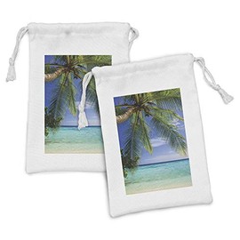 Ambesonne Ocean Fabric Pouch Set of 2, Tropical Paradise View at Maldives Palms Clear Sky Seashore Picture Print, Small Drawstring Bag for Toiletries Masks and Favors, 9" x 6", Green Aqua Blue