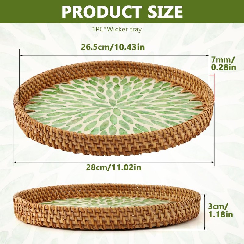 Handwoven Round Rattan Tray,Mother of Pearl Inlay Decorative Serving Tray
