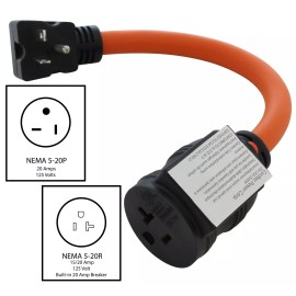 AC WORKS® 20 Amp NEMA 5-20P to 20 Amp NEMA 5-20R Adapter With 20 Amp Breaker by AC WORKS®