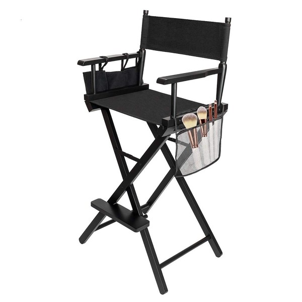 mefeir 31" Height Tall Directors Chairs Folding Artist Makeup with Replacement Cover, Storage Side Bags, Portable Footrest, Support 250 lbs,Solid Hardwood & Polyester Black