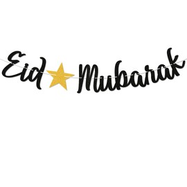 Eid Mubarak Banner - Muslim Islam Ramadan Mubarak Decor,Eid Party Decor, Hajj Mubarak, Eid Al-fitr Festival Celebration Garland Party Decorations Black Glitter