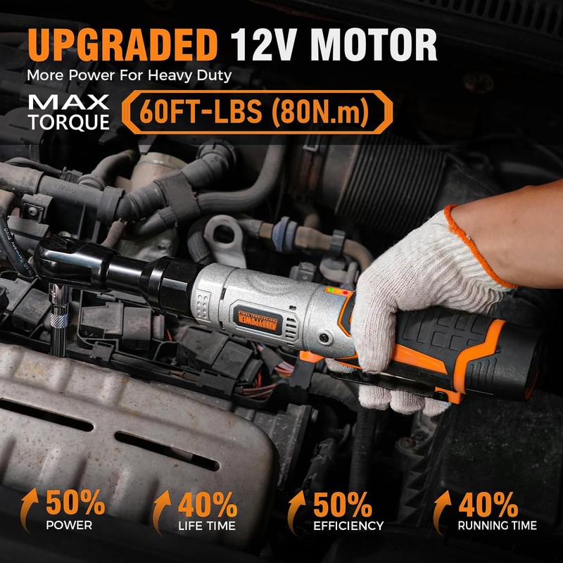 3/8" Cordless Ratchet Wrench Set, 60FT-LBS(80N.m) Electric Ratchet, 12V Extended