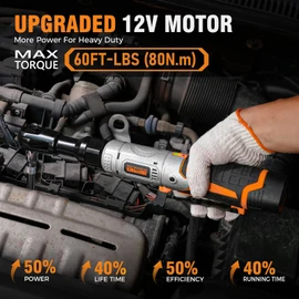 3/8" Cordless Ratchet Wrench Set, 60FT-LBS(80N.m) Electric Ratchet, 12V Extended Power Ratchet Wrench Set with Variable Speed, 6 Sockets, LED Light, 1/4" Adapter,1/2" Adapter,2 Batteries