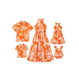 PATPAT Family Luau Matching Outfits Mommy and Me Beach Dresses Tropical Palm Leaf Print Halter Neck Sundresses Matching Hawaiian Outfits for Couples Orange Floral Vacation Hawaiian Dresses for Women L