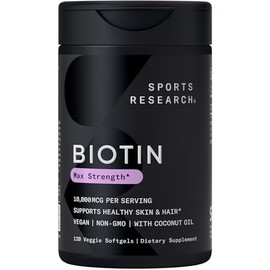 Sports Research® Biotin 10,000mcg w/Coconut Oil - 120 Count Plantgels™ | High Potency Biotin (vitamin B7) for Healthy Skin and Hair Support Vegan, Non
