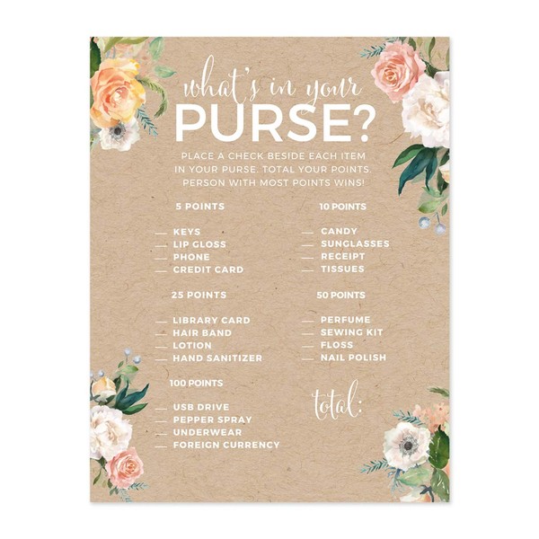 Andaz Press Peach Coral Kraft Brown Rustic Floral Garden Party Wedding Collection, What's in Your Purse? Bridal Shower Game Cards, 20-Pack