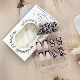 TBRZTR Black French Press on Nails Short Square Leopard False Nails Full Cover Coffin Nails French Leopard Stick on Nails Acrylic Artificial Nails Glossy Glue on Nails for Women Manicure Kit 24Pcs