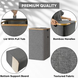 BALEINE Laundry Hamper with Lid, Tall Laundry Baskets with Bamboo Pull Handles, Large Laundry Bin with Internal Support (26 Gal/100L, Grey)