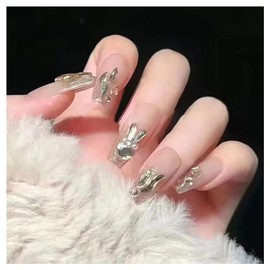 Lwenjing Nail Tip, False Nail Tip, 3D Nail Tip, Handmade Nail Tip, Wedding Nail Tip, Cute, Short, Long, Popular, Japanese Style, Bride Nails, Shiny, False Nails, Pack of 24 (BY1035)