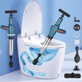 High Pressure Toilet Plunger Kit, Heavy Duty Drain Unblocker with Replaceable Heads, Inflatable Footbed & Flexible Nozzle, Stainless Steel Pump Tool for Toilet, Sink, Shower & Floor Blockage