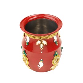 Decorative Kalash Lota Handpainted Steel Kalash Indian Traditional Festival Decoration Wedding New year Decor Pooja Item Home Temple Puja Ritual Housewarming Stainless Steel Lota(Size:-4")
