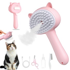 Cat Steam Brush, 3 in 1 Steamy Cat Brush for Shedding, Pets Spary Brush With Release Buttom, Self-Cleaning Cats Dogs Hair Grooming Comb, Pets Steamy Brush With Water Tank, Pink