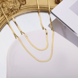VAttract Herringbone Necklace for Women, Gold Snake Chain Necklace, Double Layered Choker Necklaces for Women, 18K Gold plated, 2-7MM(Width), 2Pcs(18”& 21”)