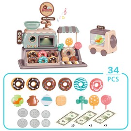 Donut Spielzeug Süßwarenladen Realistischer funktionaler Donut Ofen mit Licht und Sound Tragekorb Süßwarenladen Spielzeug 34pcs Kinder-Einkaufsgeld Nachtisch Pädagogisches Spielset für Kinder