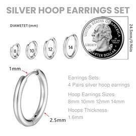 LynixTrade 4 Pairs Silver Hoop Earrings for Women 8mm/10mm/12mm/14mm Cartilage Sleeper Tragus Helix Conch Small Silver Huggie Hinged Hoop Earrings