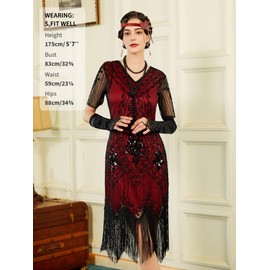 SWEETV Women's Flapper Dresses 1920s Fringed Sequin Great Gatsby Dress with 20s Accessories -Roaring 20s Costumes Black-Red 3X-Large