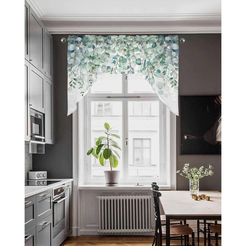 Sage Green Eucalyptus Leaves Swag Valances for Kitchen Window, Spring