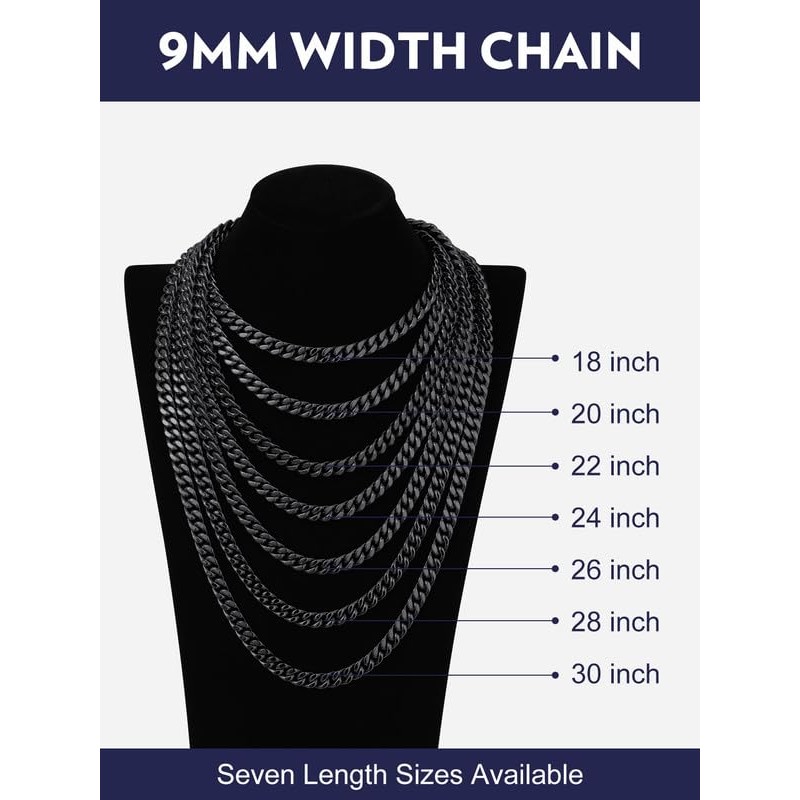 Bandmax Mens 9MM Chunky Chain Necklace 24 Inches Black Miami