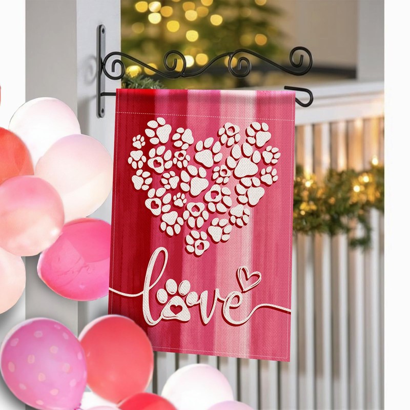 Covido Valentines Day Dog Cat Paw Prints Decorative Garden Flag,