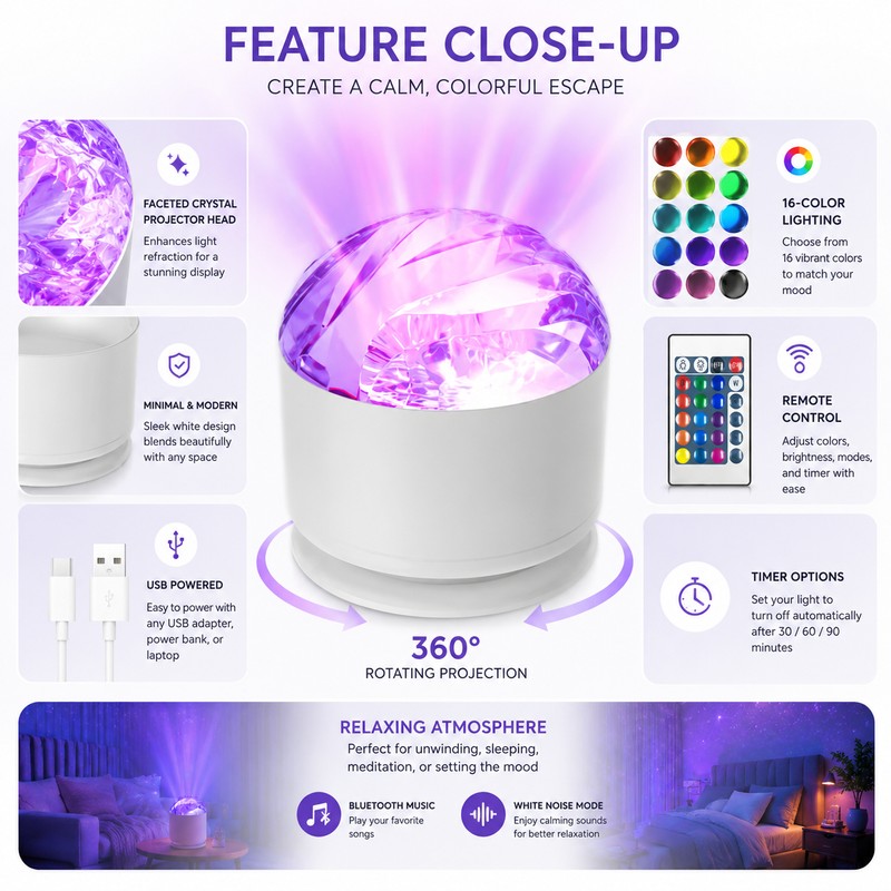 Galaxy Projector Night Light for Bedroom – 16-Color Rotating Aurora