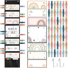 67 Pcs Student Behavior Clip Chart for Classroom Management Boho Rainbow Track Reward Incentive Behavior Pocket Chart Kid Boho Bulletin Board Hanging Tool for Teacher Office Elementary School Supplies