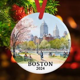 2024 Boston Christmas Ornament | Round Ceramic Keepsake with Watercolor Painting of Boston Common Lake, Ideal Holiday Travel Souvenir, Comes with Red Satin Ribbon