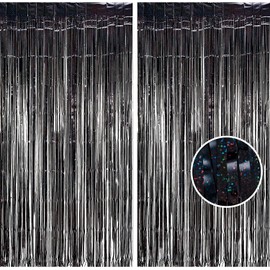 BRAVESHINE Black Halloweens Party Foil Fringe Curtains - 2 Pack Metallic Tinsel Photo Booth Streamers Backdrop for Birthdays, Stranger Theme, Music, Prom, Christmas Party Decorations