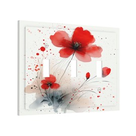 Annisrak Vintage Watercolor Red Flowers Floral Decorative Switch Plates 3 Gang Wall Plate Triple Toggle Light Switch Cover Electrical Wall Panels Faceplate for Bedroom Bathroom Decor