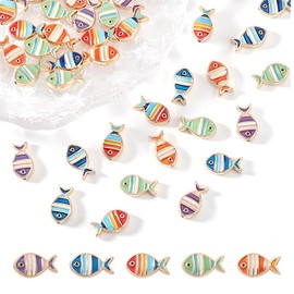 arricraft 30 Pcs Alloy Enamel Fish Beads, 5 Colors Streak Fish Spacer Beads with Golden Side Metal Ocean Animal Beads Summer Beach Beads for Bracelet Necklace Jewelry Making 9x16mm