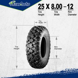 MaxAuto AT25x8-12 ATV UTV Tires, 25x8x12 All Terrain ATV Tires for All Trail Tire, 25 8 12 Mud Sand Off-Road Tire 205/80-12, 6PR Tubeless, 2 Pack