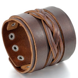 JewelryWe Punk Adjustable Men Leather Cuff Bracelet Women Wristband Bangle, Fits 7.5"- 8.7" Wrist