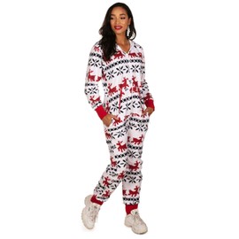 Tipsy Elves Christmas Onesies for Adults - Comfy Unisex Matching Holiday Jumpsuits with Convenient Pockets - White Fair Isle Christmas Jumpsuit Size Small