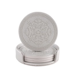 LISRSC Coasters Set of 4 - PU Leather Coasters with Holder - Silver Round Coasters for Drinks - Coffee Table Coasters Pads Mat - Cup Coaster Set Gifts for Home,Bars,Cafes,Party,Office Decor