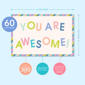 SWEETZER & ORANGE You Are Awesome Cards Postcards Pack (60 Post Cards) 4x6 Postcards for Kids and Adults. Positive Affirmations Cards, Kindness Cards, Employee Appreciation Awesome Notes