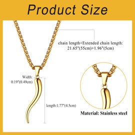 Cupimatch Italian Horn Necklace Unisex: Classic Stainless Steel Cornicello Charm Pendant with Chain 3 Colours Vintage Lucky Charm Horn Chain Amulet Jewellery for Birthday Mother's Day Valentine's Day