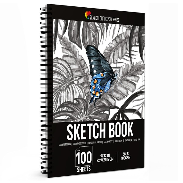 ZENACOLOR - Professional 100 Sheets Sketch Book 9"x12" with Spiral Bound and Hardback Cover - White Acid-Free Drawing Paper (100 g)