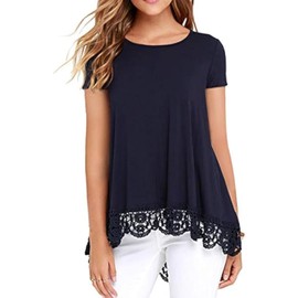 QIXING Top Lace Women's Round Neck Tunic Women's Elegant Casual Blouse Women's Long Sleeve / Short Sleeve, B03 Short Sleeve Navy
