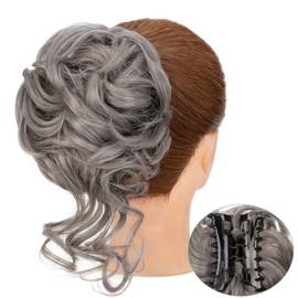 S-noilite Claw Clip Messy Bun Hair Pieces Tousled Updo Fake Hair Bun Chignon Wavy Curly Messy Bun with Clip Hair Extensions Scrunchie Clip on Bun Ponytail Hairpieces for Women(dark grey)