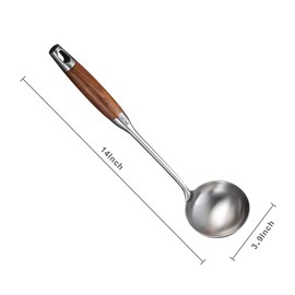 Soup Ladle,304 Stainless Steel Cooking Ladle Spoon Wok Tools with Long Wooden Handle Heat Resistant,Silver/14.6Inch