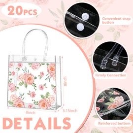 Aliceset 20 Pcs Clear Floral PVC Gift Bags with Handles Flower Rose Party Goodie Treat Bags for Tea Party Mother's Day Baby Shower Spring Birthday Bridal Shower, 8 x 8 x 3.15 Inch